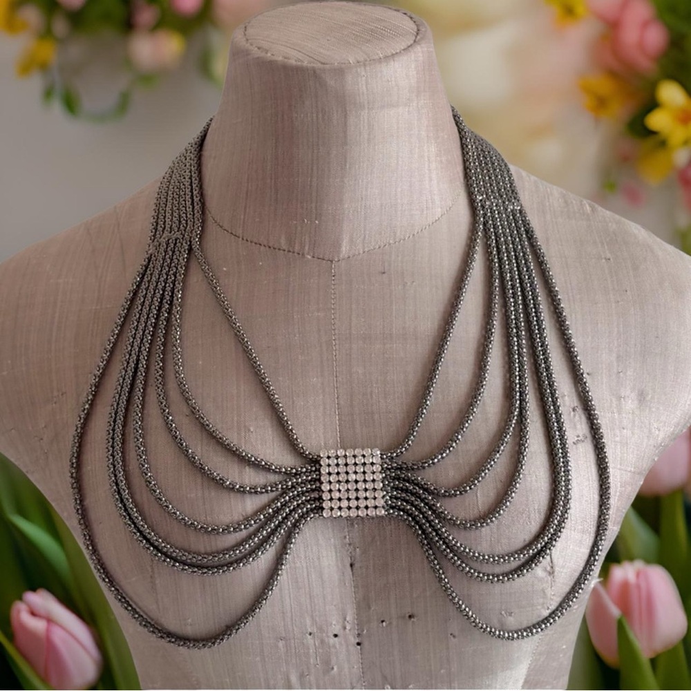 Dark Silver Tone‎ Mesh Layered Swag Chest Chain Statement Necklace with Crystal